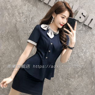 高铁乘务员制服前台工装 高端航空制服短袖 领口蝴蝶结职业套裙新款