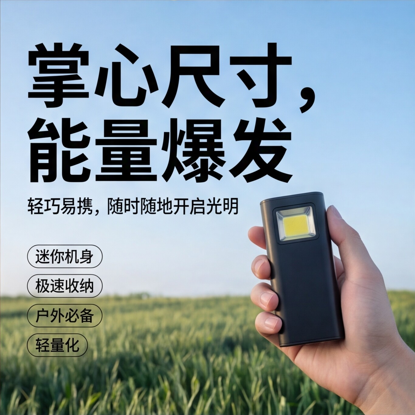 便携式LED充电黑色小巧COB户外强光迷你磁吸手电筒多功能照明灯