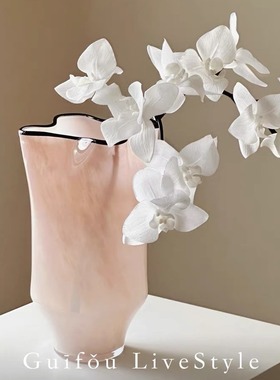 北欧温柔玉粉色黑边皱褶新中式手工琉璃玻璃花瓶客厅玄关插花器