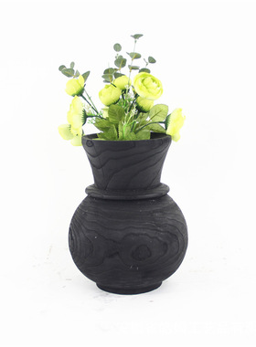 侘寂风炭碳化黑色木质复古工艺花瓶家居酒店民宿装饰摆件