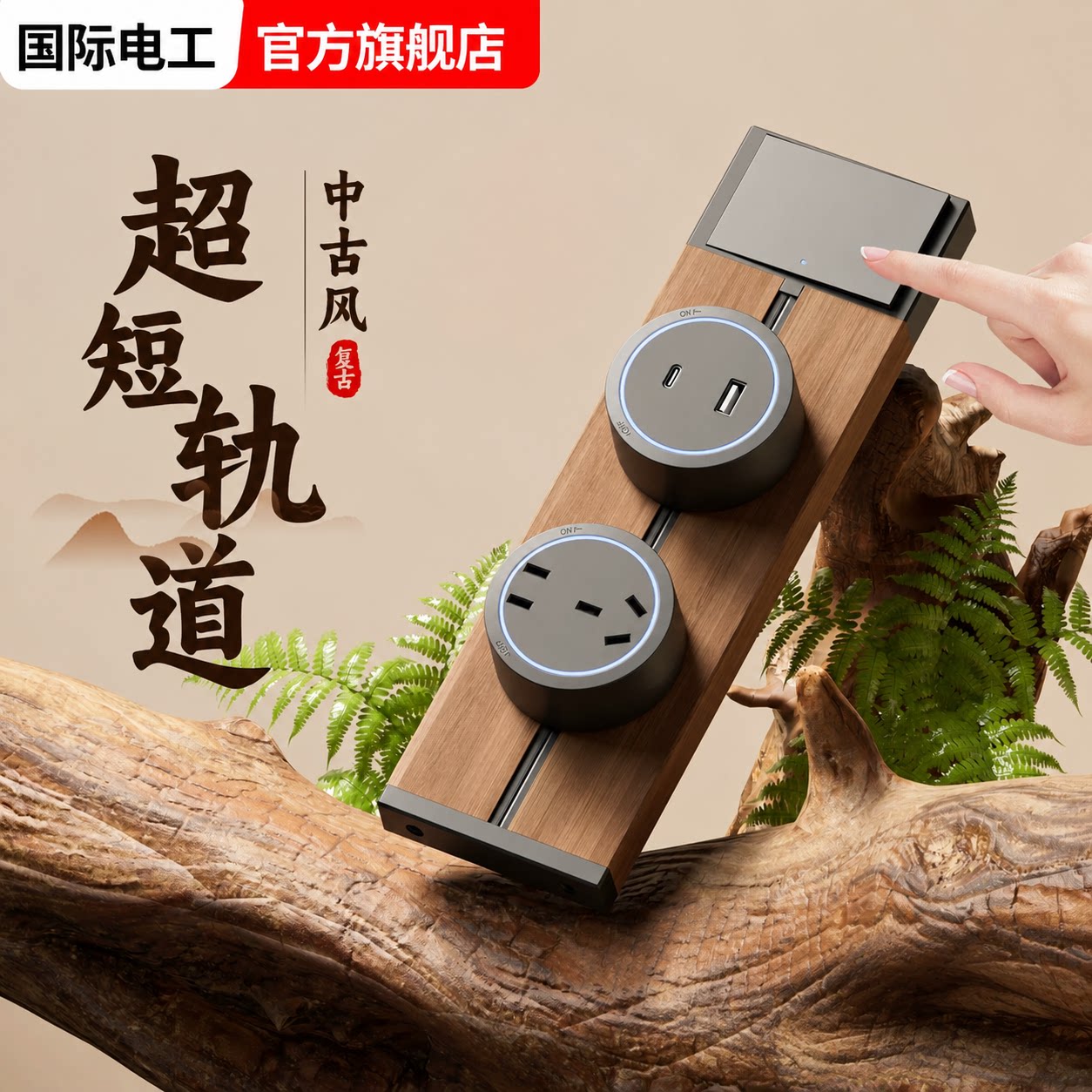 国际电工复古黑胡桃木纹轨道插座