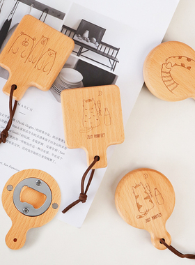 创意磁铁便携式圆形开瓶器家用木质留言条可定logo磁吸瓶起子