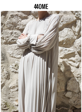 440ME女装新品圆领浅灰绿沙滩裙立体压褶雪纺长袖连衣裙FDSS0271W