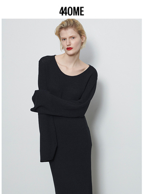 440ME女装 松弛感大圆领优雅微喇袖长袖黑色针织衫上衣FCSS0391K
