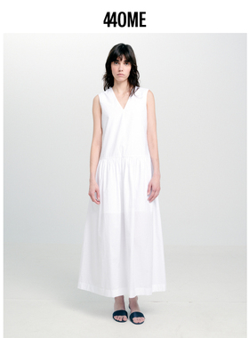 440ME女装 纯棉白色修身V领宽肩无袖长款气质连衣裙长裙FCSS1077W