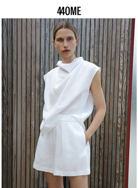 440ME女装新品亚麻小高领T恤松弛透气无袖套头衫上衣FDSS0235W