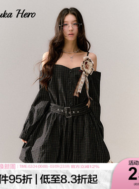GUUKAHERO黑色格纹吊带长袖衬衫连衣裙女 甜酷风露肩收腰花苞短裙