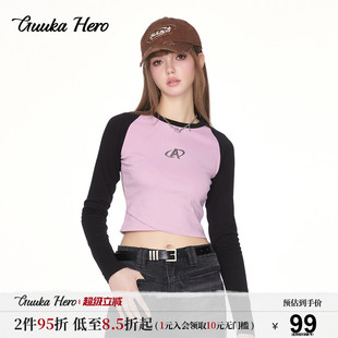 显瘦 辣妹上衣修身 GUUKAHERO黑粉撞色插肩长袖 T恤女多巴胺甜美短款