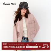 GUUKAHERO粉色复古巴恩风工装 外套女小个子miu系正肩翻领夹克百搭