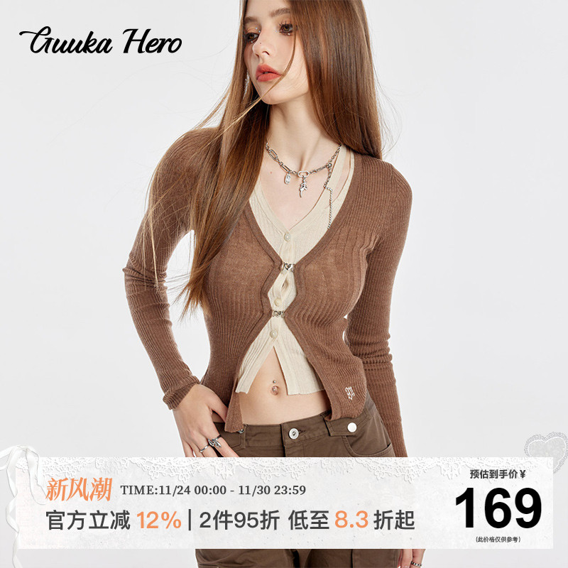 GUUKAHERO甜辣风假两件镂空毛衣