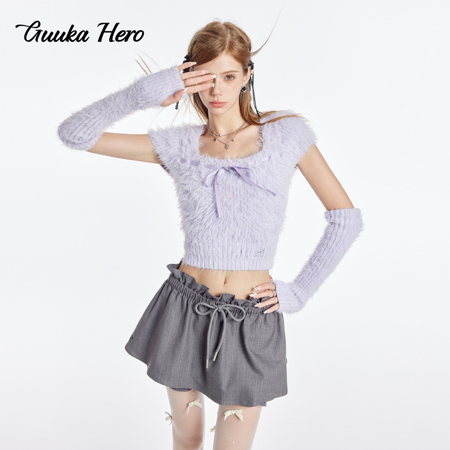 GUUKAHERO浅紫蝴蝶结系带针织毛衣女甜心女团风修身短款上衣+袖套