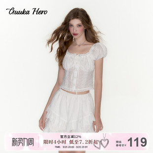 女 衬衫 蝴蝶结蕾丝镂空衬衣上衣 短袖 GUUKAHERO白色镂空方领泡泡袖