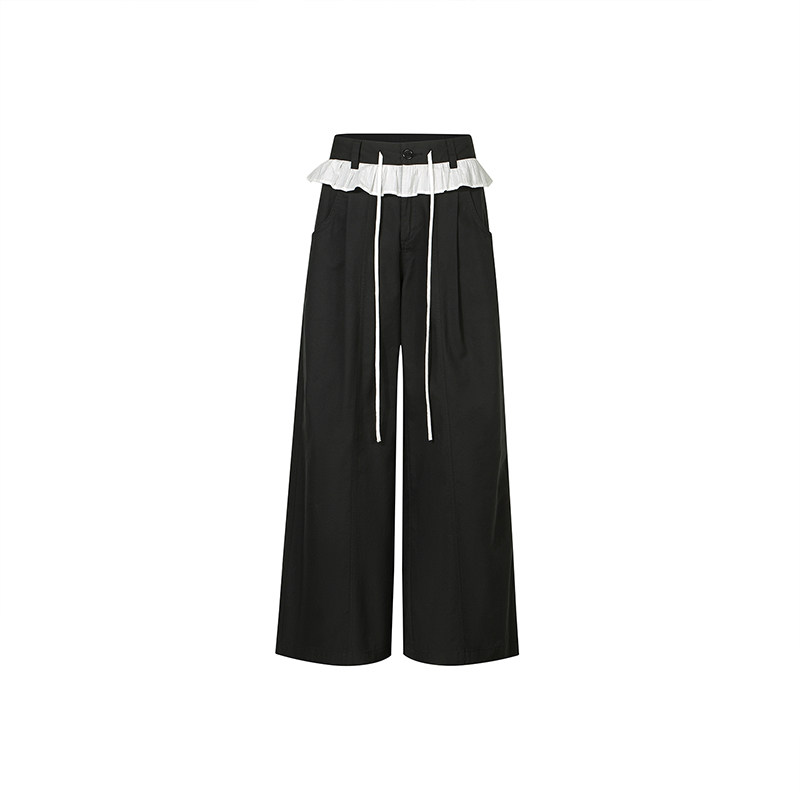 thumbnail for GUUKAHERO Black High-Waisted Straight-leg Slacks Women's Spring New Korean Lace Strap Design Wide-leg Pants