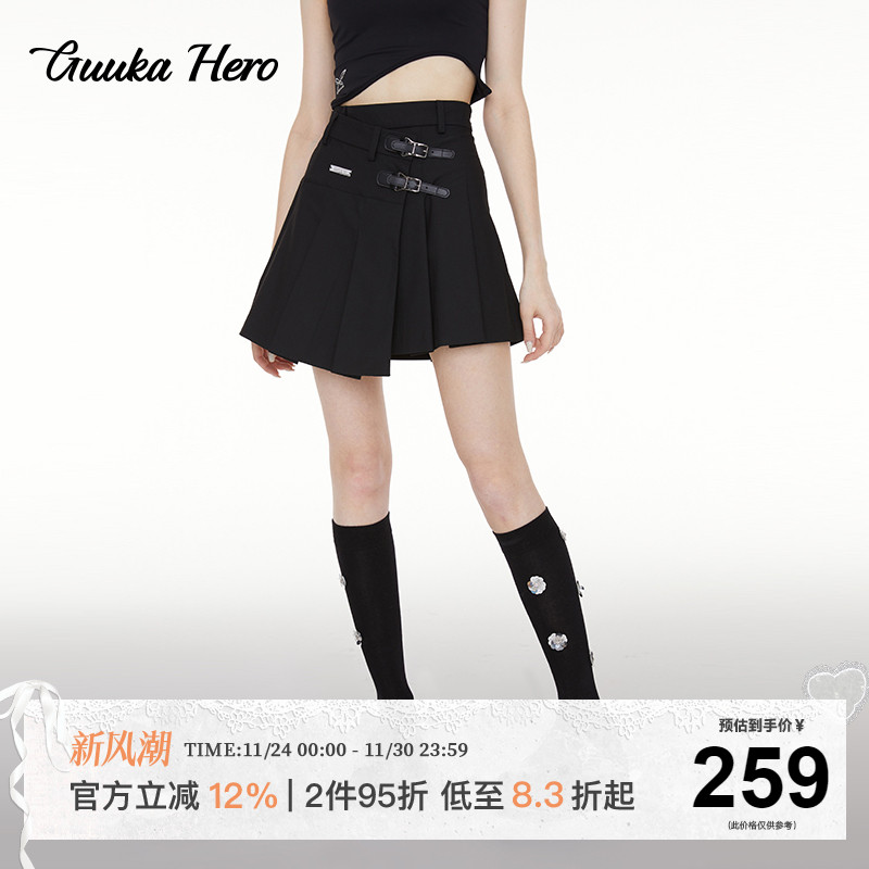 GUUKAHERO皮扣A字百褶裙