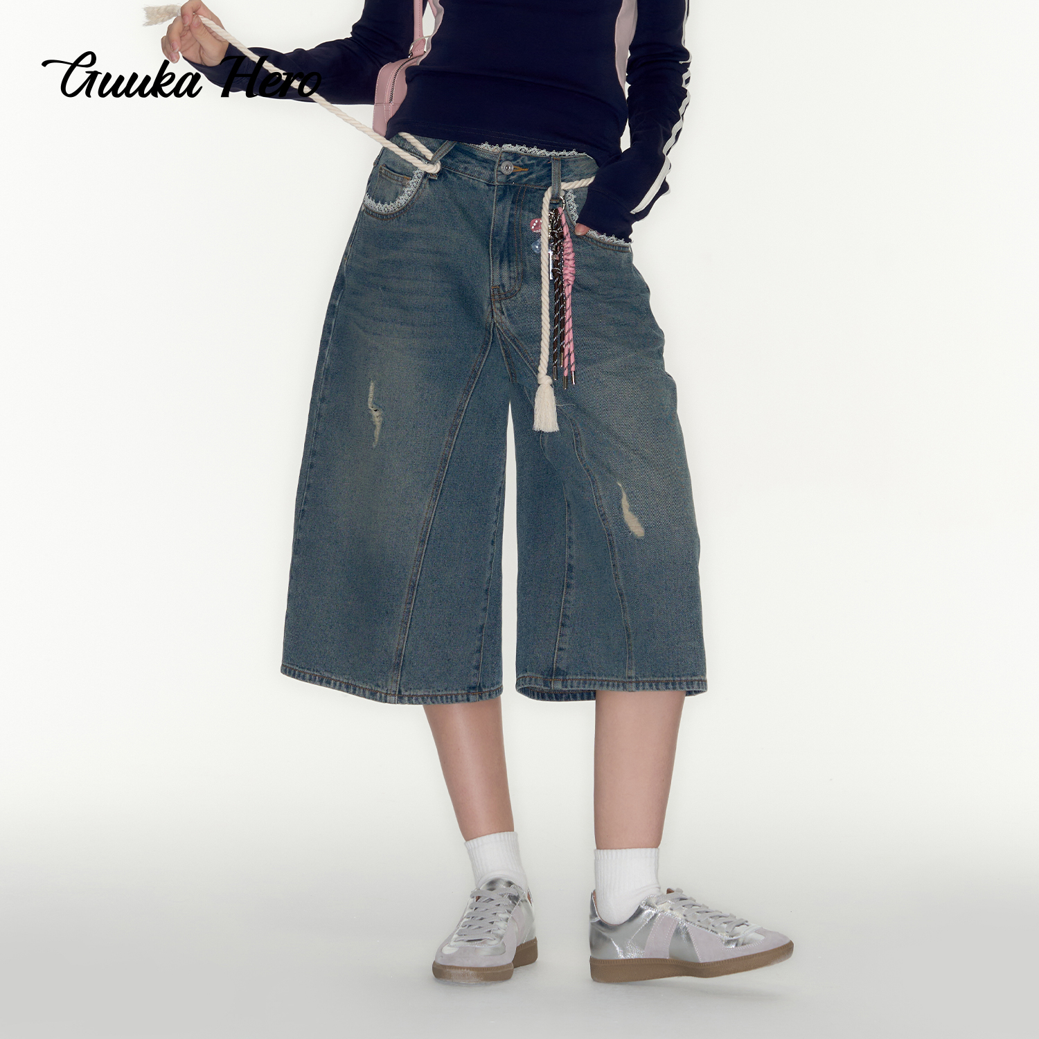 GUUKAHERO水洗做旧七分牛仔裤