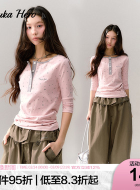 GUUKAHERO粉色圆领撞色正肩五分袖T恤女复古辣妹星星修身中袖上衣