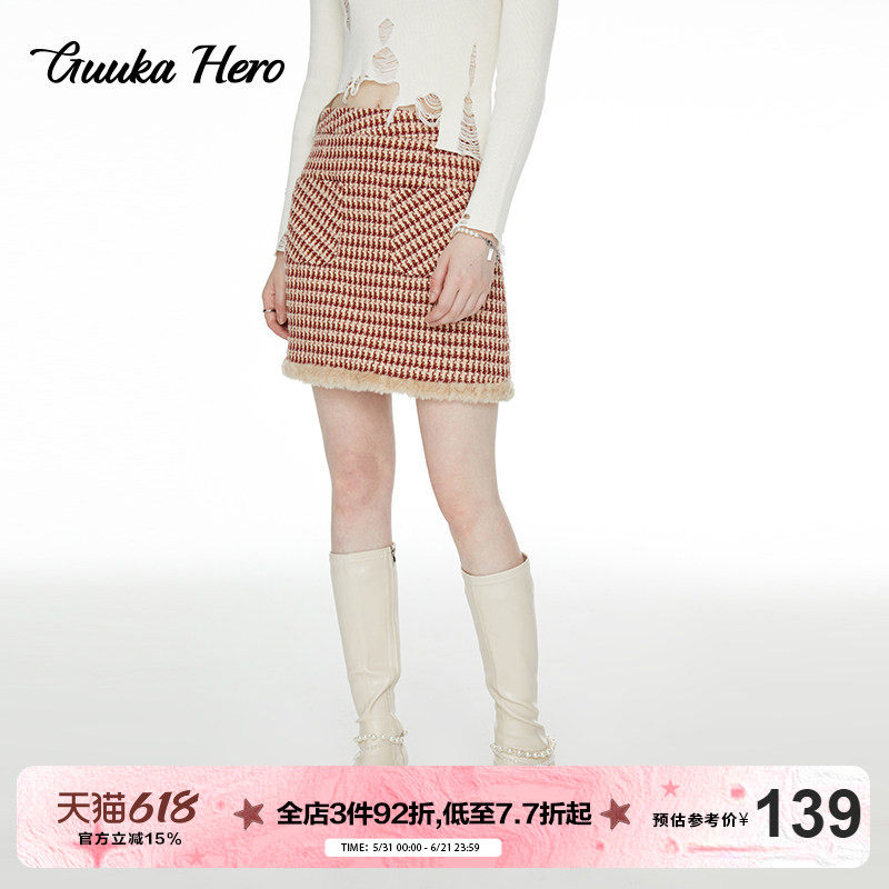 GUUKAHERO红色格子a字小香风短裙女秋兔毛拼接半身裙裙显瘦显腿长