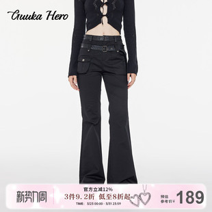 BELLA风长裤 GUUKAHERO黑色低腰阔腿裤 美式 双腰头辣妹喇叭裤 子 女