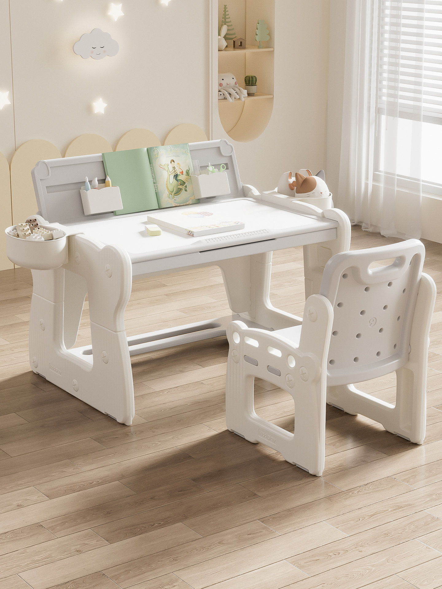 Children's study desk, desk, adjustable table, chair, writing desk, baby toddler table, peanut table, set, handmade table and stool