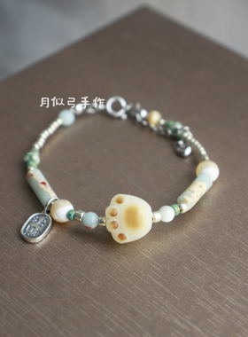 月似弓原创【猫爪】新中式招财纳福清新可爱手作菩提泰银串珠手链