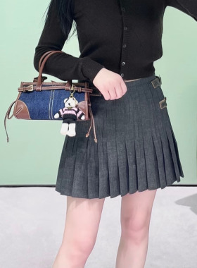 篙品质~羊毛混纺 侧边皮扣压褶高腰A字半身裙 显瘦百搭中长裙 女