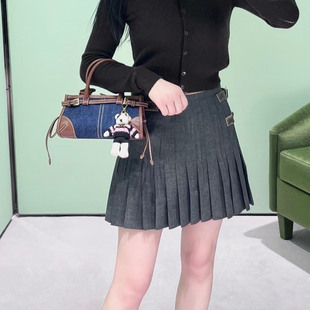 篙品质~羊毛混纺 侧边皮扣压褶高腰A字半身裙 显瘦百搭中长裙 女