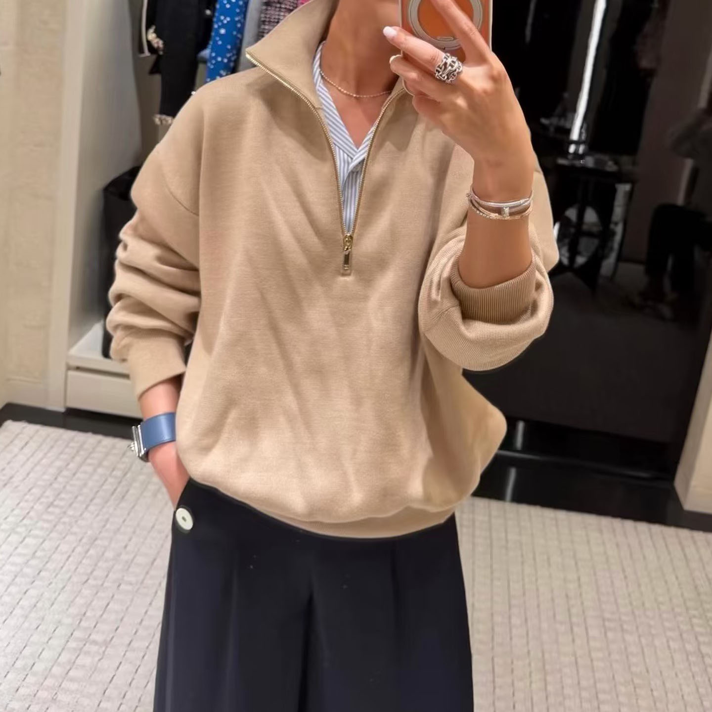 丝羊毛半拉链休闲风针织衫毛衣女