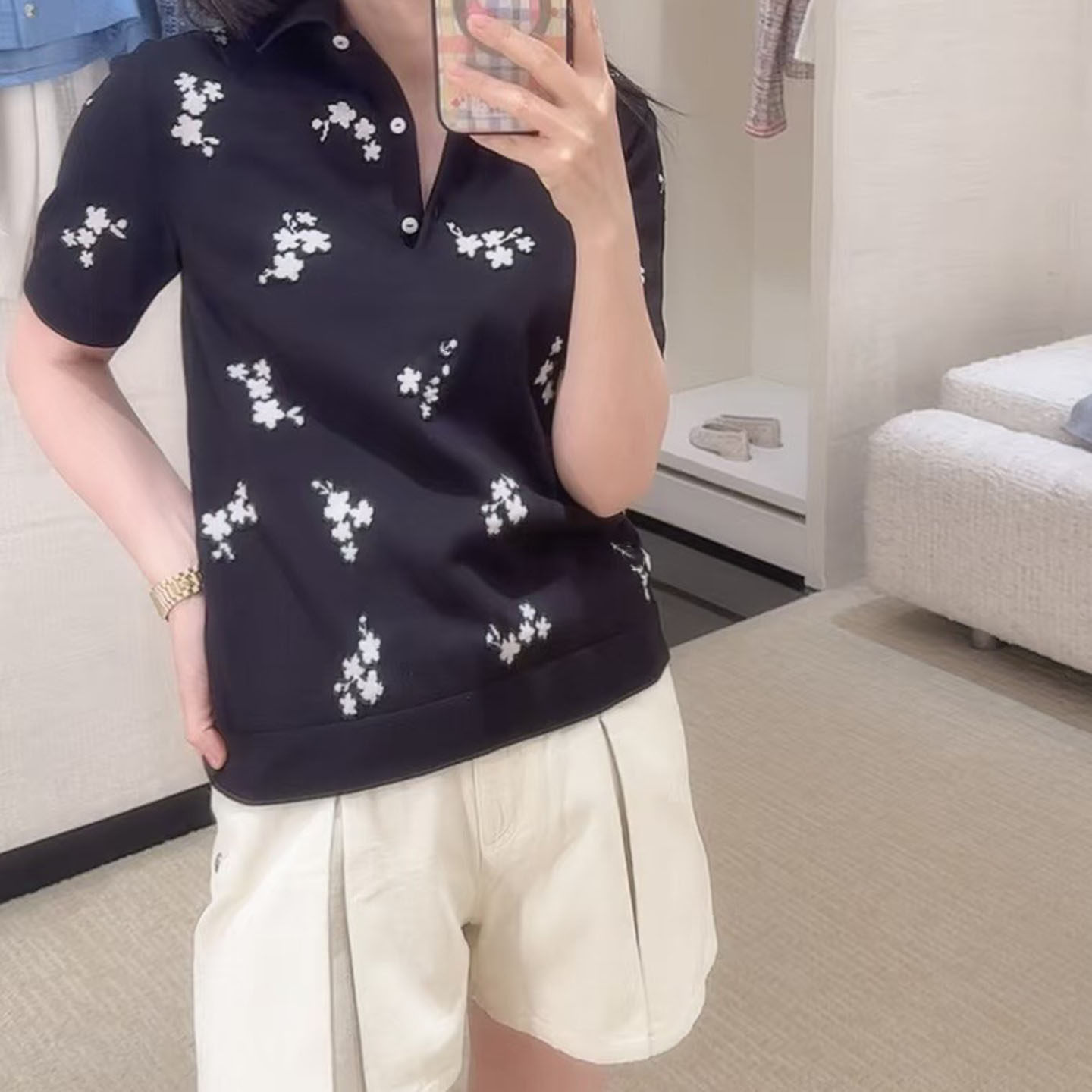 篙品质~棉混纺~26上新 花卉提花短袖针织POLO衫 黑色显瘦上衣 女