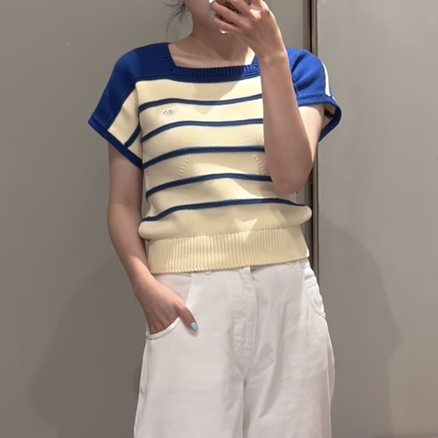 棉混纺撞色条纹短袖休闲风针织衫