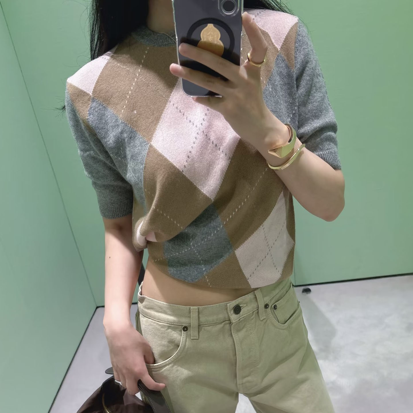 山羊绒套头菱形格针织polo衫上衣