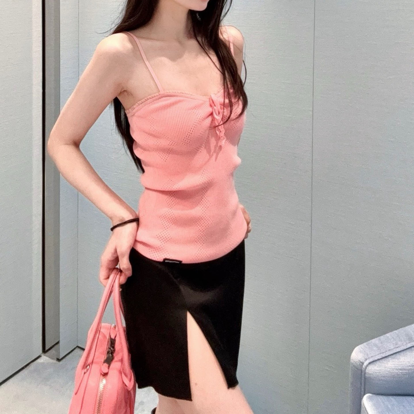 纯欲风棉线针织绑带显瘦吊带上衣