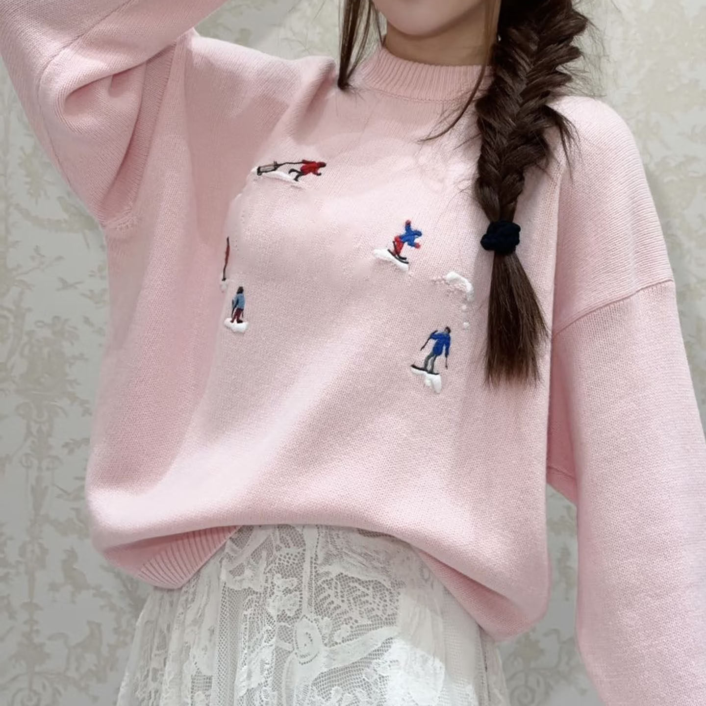 羊毛羊绒粉色公仔套头针织毛衣女
