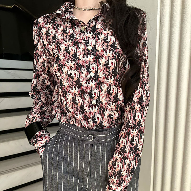宽松精致单排扣长袖真丝印花衬衫
