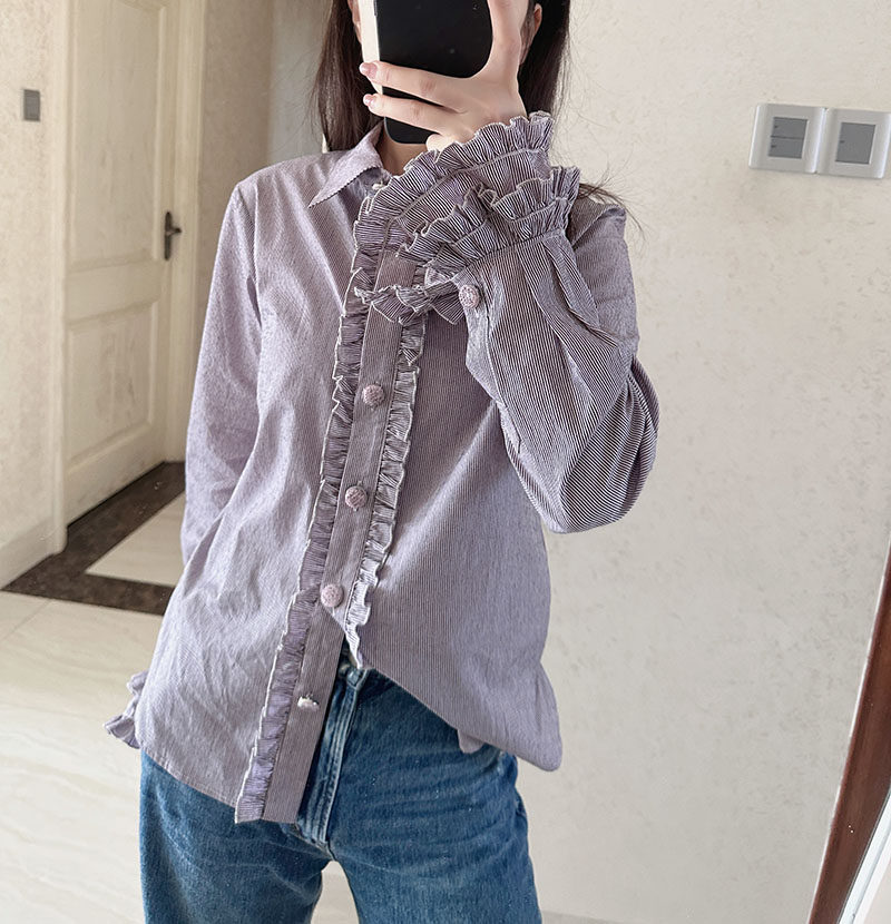 宽松小香风单排扣长袖纯棉衬衫