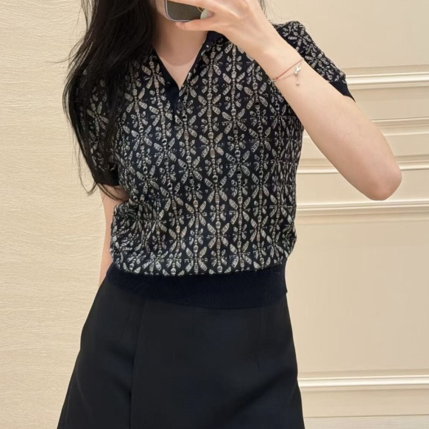 篙品质~棉线~镂空提花 短袖翻领针织POLO衫 短款休闲上衣 26夏 女