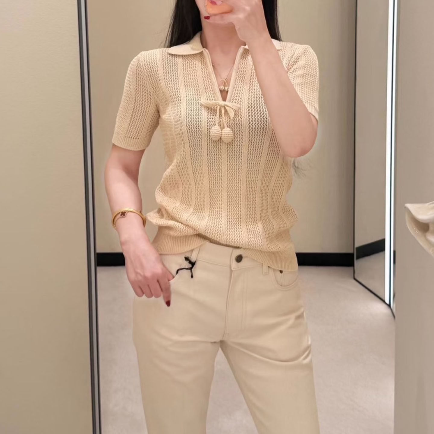 棉线翻领短袖休闲风针织衫上衣女