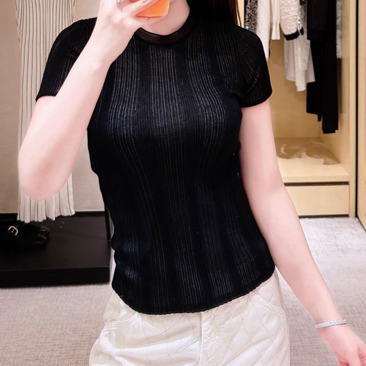 棉混纺修身显瘦坑条针织衫上衣女