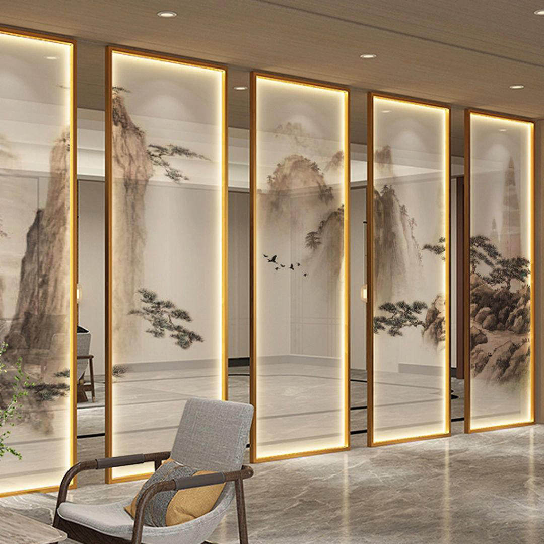 客厅现代简约入户屏风玄关长虹夹丝玻璃隔断发光不锈钢玻璃屏风