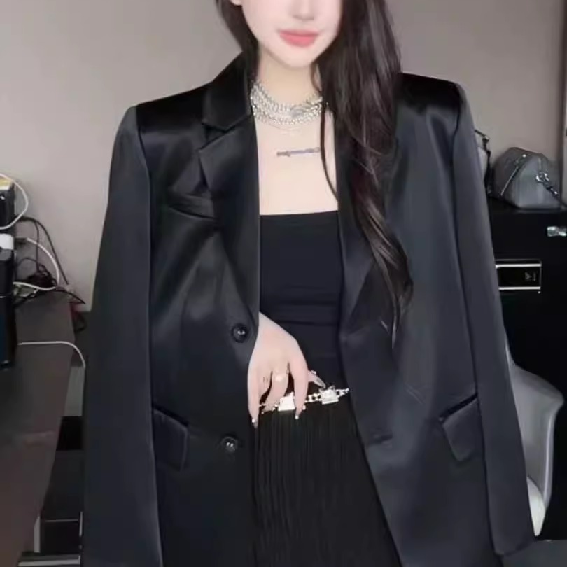 名媛绸缎小西装外套女2025春秋新款淑女休闲气质高级感韩系时尚款