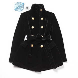 立领双排扣系带收腰修身金丝绒外套女显瘦中长款夹棉加厚小棉服款