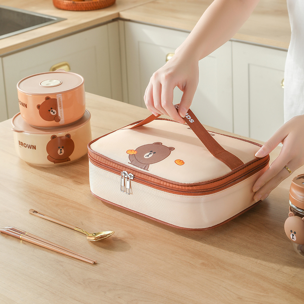 2025新款扁平手提午餐包保温卡通便当包儿童上学带饭包可爱饭盒袋