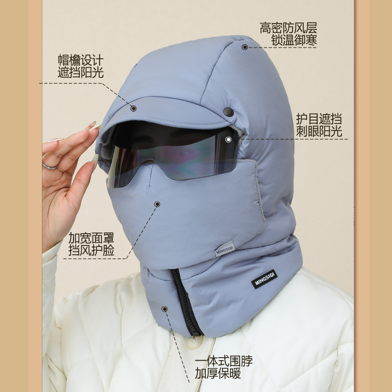 辛苦冬季羽绒棉雷锋帽子加绒保暖东北滑雪帽多功能女士眼镜一体帽