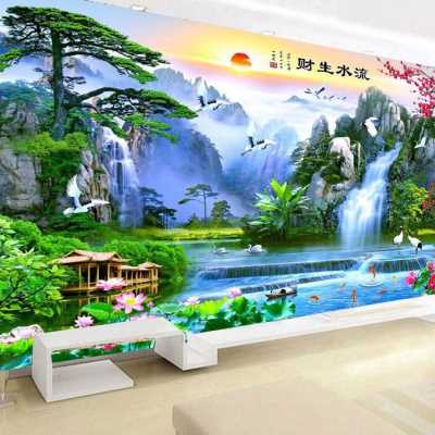 客厅电视背景墙壁纸18D立体壁画影视墙装饰流水生财中式山水墙布