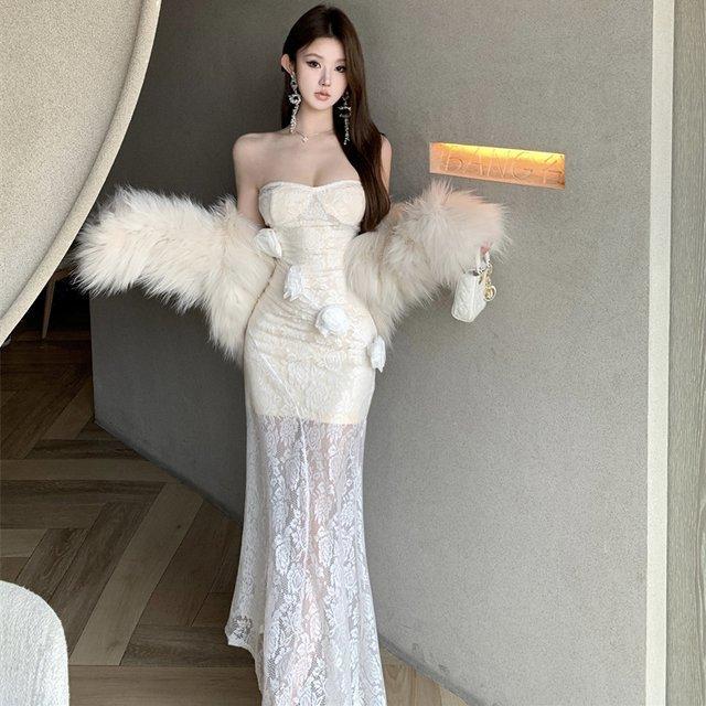 辣妹蕾丝抹胸连衣裙长款纯欲女神立体花朵收腰包臀宴会礼服长裙女