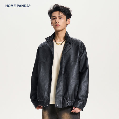 HomePanda黑色PU皮衣夹克男秋季