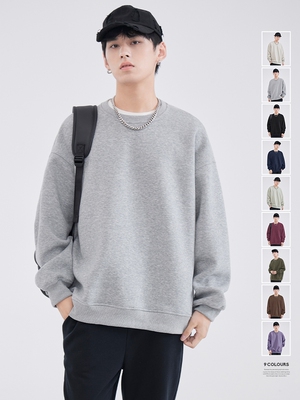 HomePanda400g重磅灰色圆领卫衣男春秋新款美式宽松纯色套头上衣