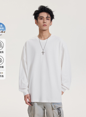 HomePanda300g重磅白色长袖T恤男春季美式潮牌圆领卫衣纯棉打底衫