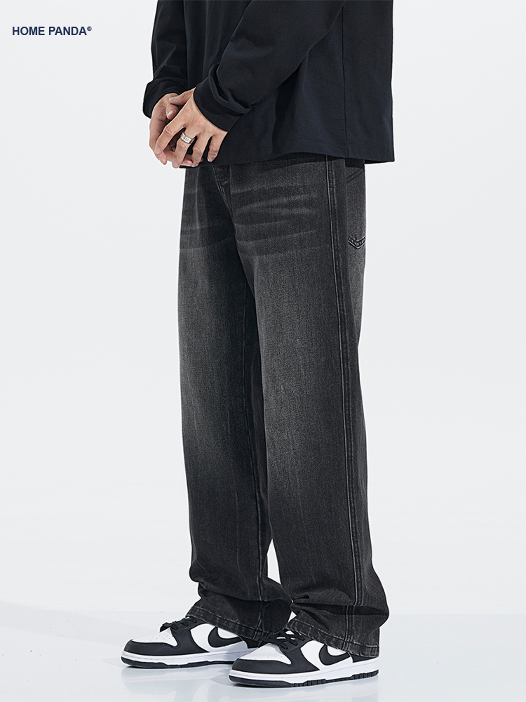 HomePanda黑色宽松直筒牛仔裤男秋冬款美式高街潮牌阔腿加绒裤子