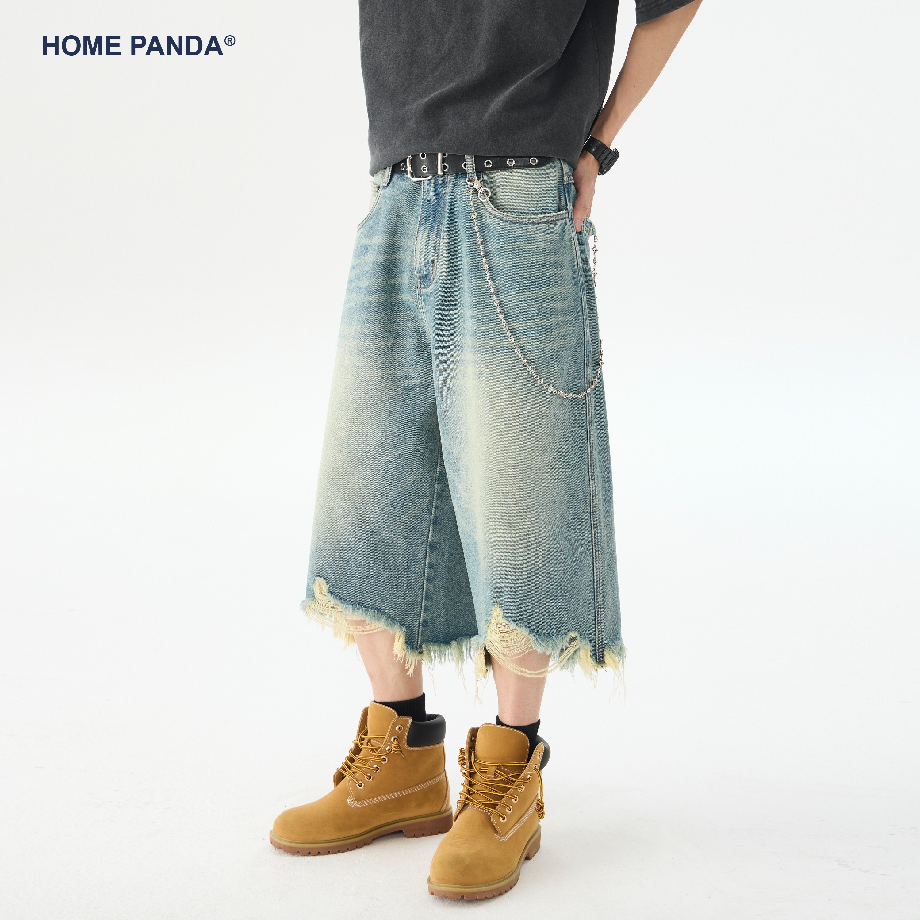 HomePanda水洗破洞牛仔短裤男