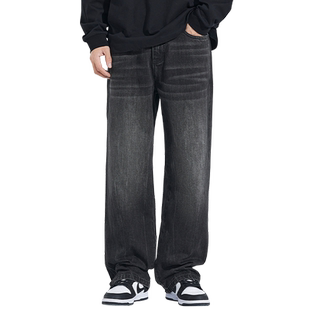HomePanda黑色宽松直筒牛仔裤男秋冬款美式高街潮牌阔腿加绒裤子